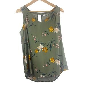 Old Navy Floral Olive Green Sleeveless Tank‎ Top Keyhole V-Neck Women's